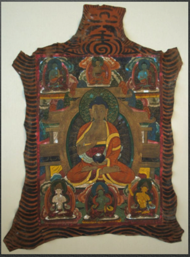 Tibetan Thanka before conservation. Artwork damaged with fungus Tibetan Thanka before conservation. Artwork damaged with fungus